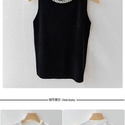 Korea Knitted Vests Women Top Solid Tank Blusas Mujer De Moda Summer New Fashion Female Sleeveless Beading Casual Thin Tops