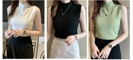 Knitted Summer Turtleneck Tank Tops Women Camisole Sleeveless Slim Top Female Ribbed Vest Casual Solid Camis