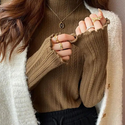 2025 Ruched Turtleneck Women Sweaters Autumn Winter Warm Pullover Slim Tops Knitted Sweater Jumper Soft Pull Female