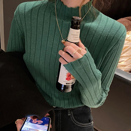 Autumn Winter Knitted Ribbed Turtleneck Sweater Women Clothes 2025 Long Sleeve Slim Basic Pullover Woman Sweaters Solid Tops