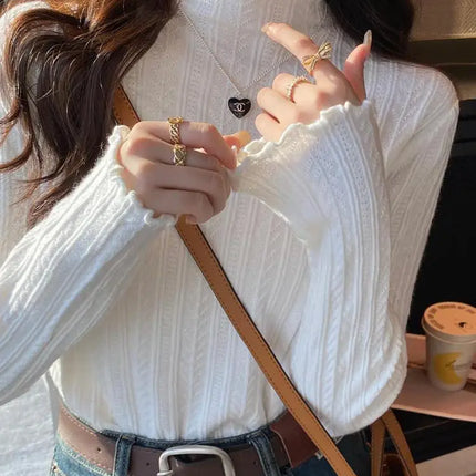 2025 Ruched Turtleneck Women Sweaters Autumn Winter Warm Pullover Slim Tops Knitted Sweater Jumper Soft Pull Female