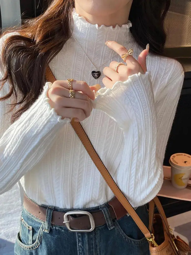 2025 Ruched Turtleneck Women Sweaters Autumn Winter Warm Pullover Slim Tops Knitted Sweater Jumper Soft Pull Female