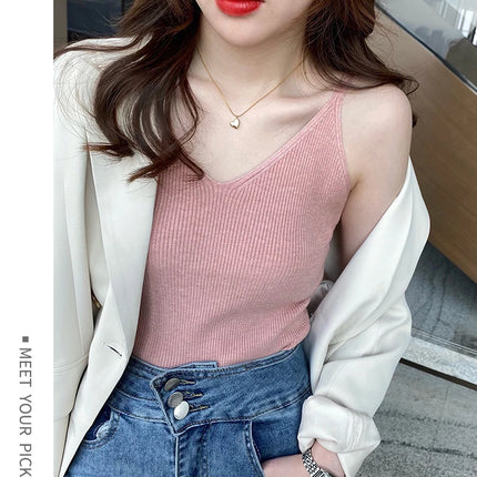 Korea Summer Tops New Solid V-Neck Elastic Knitted Suspender Camis Women's Tanks Clothing Basics Shirt