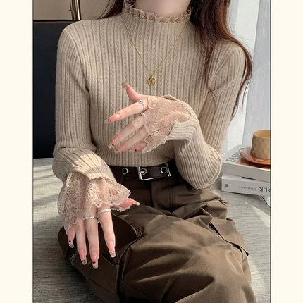Autumn Winter Female Long Sleeve Knit Patctwork Lace Sweater Turtleneck Skinny Elastic Knitted Pullovers Women Solid Color Tops