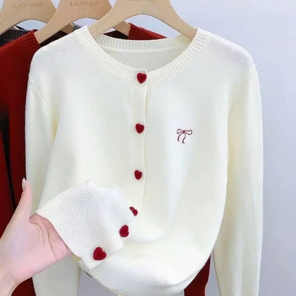 2025 Korean Casual Solid Knitting Tops Women Knitted Cardigan Bow Embroidery O-Neck Single Breasted Heart-shaped Button Sweater