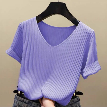 2025 Summer Blouse Women Blusas Mujer De Moda Verano Short Sleeve Blouse V-Neck Knitted Blouse Shirt Tops Women Blusas