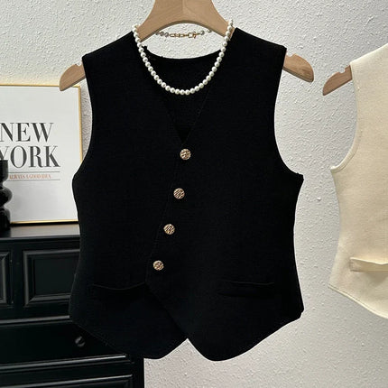 New Summer Women Knitted V-Neck Sleeveless Slim Vest 2025 Female Fashion Solid Single Breasted Tank Tops