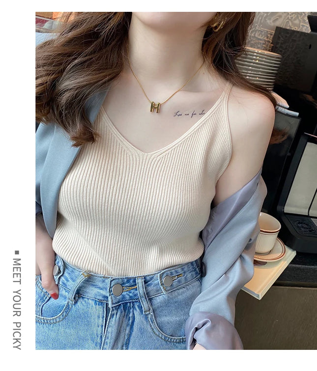 Korea Summer Tops New Solid V-Neck Elastic Knitted Suspender Camis Women's Tanks Clothing Basics Shirt