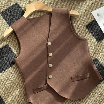 New Summer Women Knitted V-Neck Sleeveless Slim Vest 2025 Female Fashion Solid Single Breasted Tank Tops