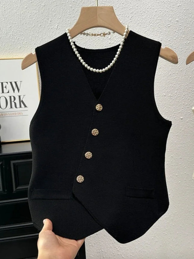 New Summer Women Knitted V-Neck Sleeveless Slim Vest 2025 Female Fashion Solid Single Breasted Tank Tops