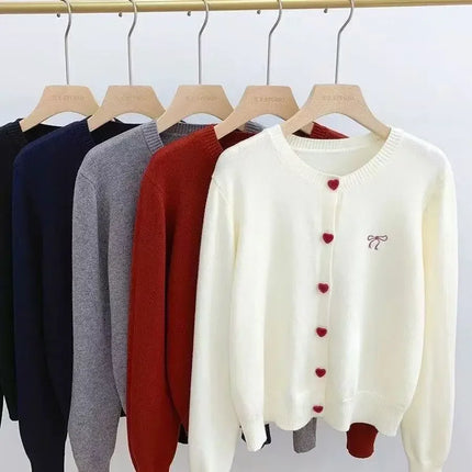 2025 Korean Casual Solid Knitting Tops Women Knitted Cardigan Bow Embroidery O-Neck Single Breasted Heart-shaped Button Sweater