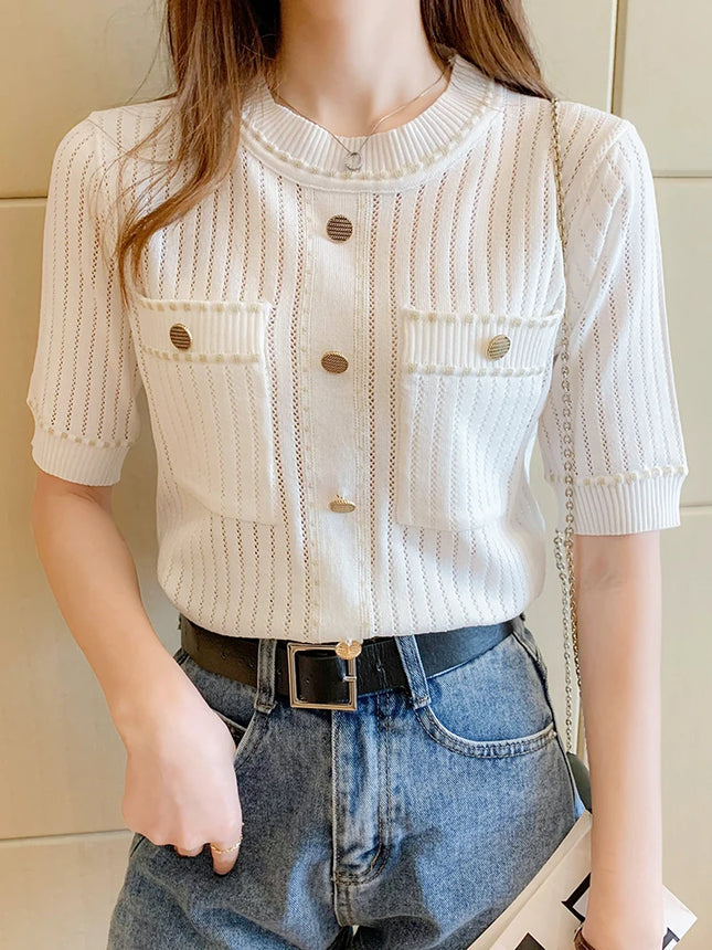 White Tshirt Women Summer 2024 Short Sleeve Top Ladies Pockets Basic T Shirts Knitted Casual Clothes Tee Shirt Femme