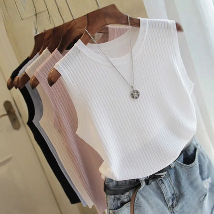 2025 Summer New Fashion Knitted Vests O-neck Sleeveless Casual Thin Tops Sleeveless Blouse Women Shirt