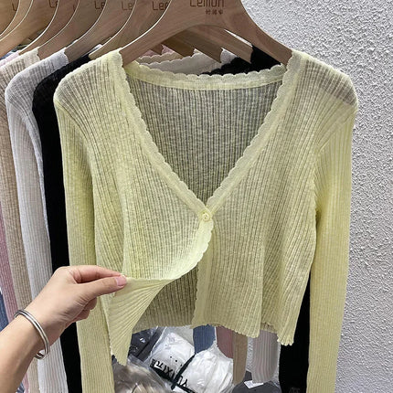 Summer Short Ice Silk Knitted Sun Protection Cardigan Women's Thin Suspender Skirt Layered Gauze Jacket Air-conditioned Cover Up