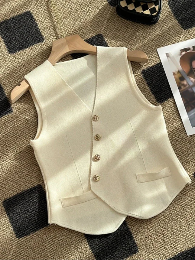 New Summer Women Knitted V-Neck Sleeveless Slim Vest 2025 Female Fashion Solid Single Breasted Tank Tops