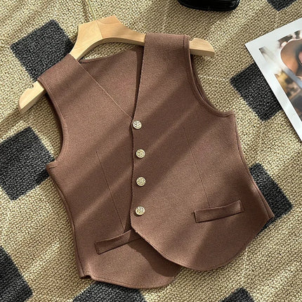 New Summer Women Knitted V-Neck Sleeveless Slim Vest 2025 Female Fashion Solid Single Breasted Tank Tops