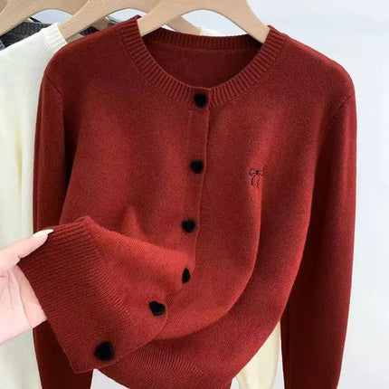 2025 Korean Casual Solid Knitting Tops Women Knitted Cardigan Bow Embroidery O-Neck Single Breasted Heart-shaped Button Sweater