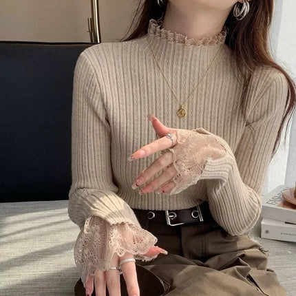 Autumn Winter Female Long Sleeve Knit Patctwork Lace Sweater Turtleneck Skinny Elastic Knitted Pullovers Women Solid Color Tops
