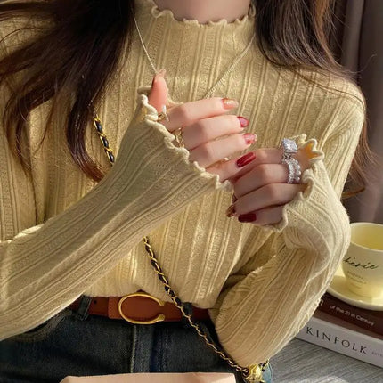 2025 Ruched Turtleneck Women Sweaters Autumn Winter Warm Pullover Slim Tops Knitted Sweater Jumper Soft Pull Female