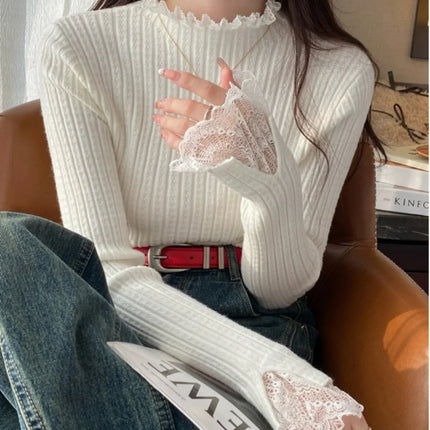 Autumn Winter Female Long Sleeve Knit Patctwork Lace Sweater Turtleneck Skinny Elastic Knitted Pullovers Women Solid Color Tops