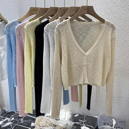 Summer Short Ice Silk Knitted Sun Protection Cardigan Women's Thin Suspender Skirt Layered Gauze Jacket Air-conditioned Cover Up