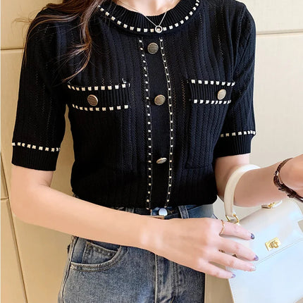 White Tshirt Women Summer 2024 Short Sleeve Top Ladies Pockets Basic T Shirts Knitted Casual Clothes Tee Shirt Femme