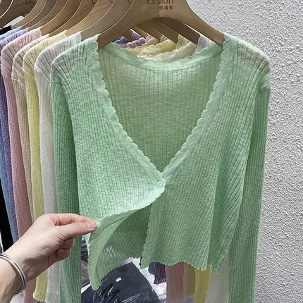 Summer Short Ice Silk Knitted Sun Protection Cardigan Women's Thin Suspender Skirt Layered Gauze Jacket Air-conditioned Cover Up