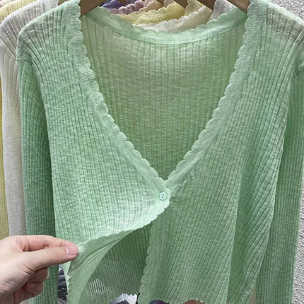 Summer Short Ice Silk Knitted Sun Protection Cardigan Women's Thin Suspender Skirt Layered Gauze Jacket Air-conditioned Cover Up