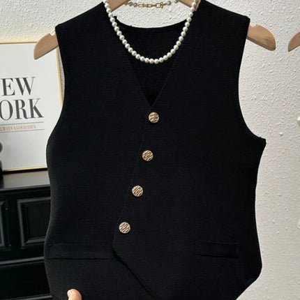 New Summer Women Knitted V-Neck Sleeveless Slim Vest 2025 Female Fashion Solid Single Breasted Tank Tops