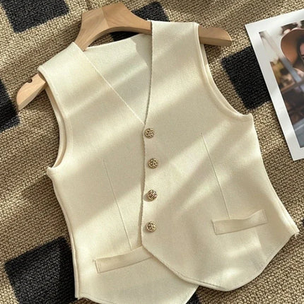 New Summer Women Knitted V-Neck Sleeveless Slim Vest 2025 Female Fashion Solid Single Breasted Tank Tops