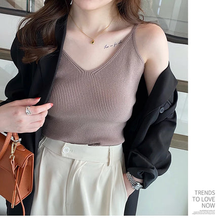 Korea Summer Tops New Solid V-Neck Elastic Knitted Suspender Camis Women's Tanks Clothing Basics Shirt