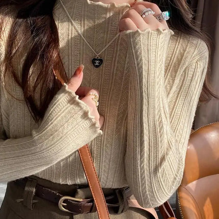 2025 Ruched Turtleneck Women Sweaters Autumn Winter Warm Pullover Slim Tops Knitted Sweater Jumper Soft Pull Female