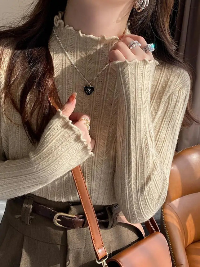 2025 Ruched Turtleneck Women Sweaters Autumn Winter Warm Pullover Slim Tops Knitted Sweater Jumper Soft Pull Female