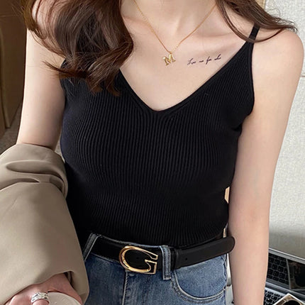 Korea Summer Tops New Solid V-Neck Elastic Knitted Suspender Camis Women's Tanks Clothing Basics Shirt