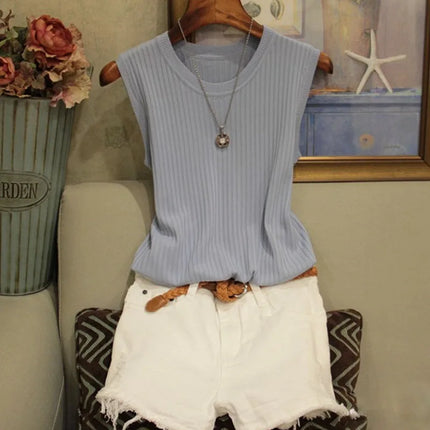 2025 Summer New Fashion Knitted Vests O-neck Sleeveless Casual Thin Tops Sleeveless Blouse Women Shirt
