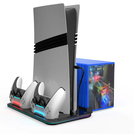 Cooling Station with RGB Light and 3 Levels Turb,Controller Charging Station for PS5/SLIM/PRO Digital/Disc with Headset Holder