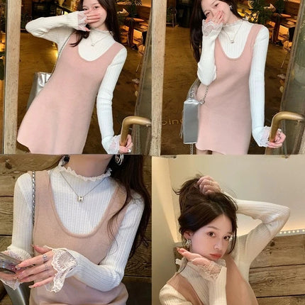 Autumn Winter Female Long Sleeve Knit Patctwork Lace Sweater Turtleneck Skinny Elastic Knitted Pullovers Women Solid Color Tops