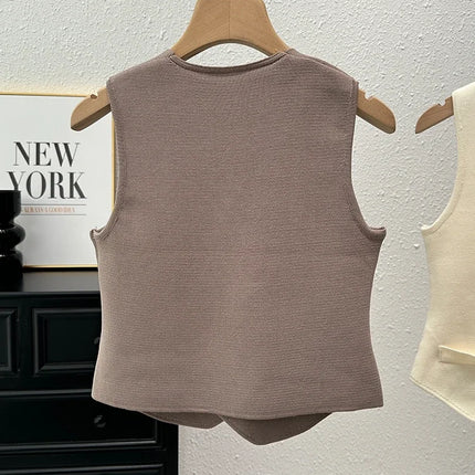 New Summer Women Knitted V-Neck Sleeveless Slim Vest 2025 Female Fashion Solid Single Breasted Tank Tops