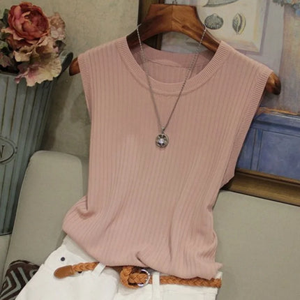 2025 Summer New Fashion Knitted Vests O-neck Sleeveless Casual Thin Tops Sleeveless Blouse Women Shirt