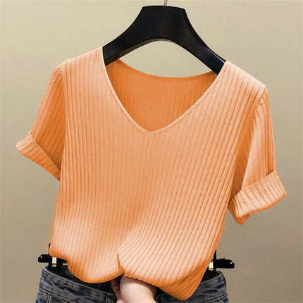 2025 Summer Blouse Women Blusas Mujer De Moda Verano Short Sleeve Blouse V-Neck Knitted Blouse Shirt Tops Women Blusas