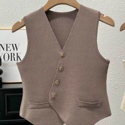 New Summer Women Knitted V-Neck Sleeveless Slim Vest 2025 Female Fashion Solid Single Breasted Tank Tops