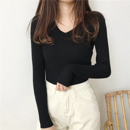 Korean Autumn V Neck Sweater Knitted Fashion Sweaters 2025 Slim Winter Tops For Women Pullover Jumper Pull Femme Truien Dames
