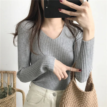 Korean Autumn V Neck Sweater Knitted Fashion Sweaters 2025 Slim Winter Tops For Women Pullover Jumper Pull Femme Truien Dames