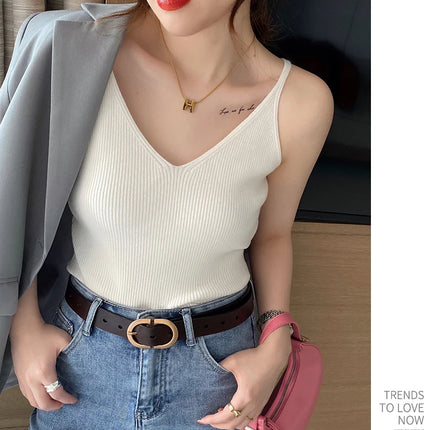 Korea Summer Tops New Solid V-Neck Elastic Knitted Suspender Camis Women's Tanks Clothing Basics Shirt