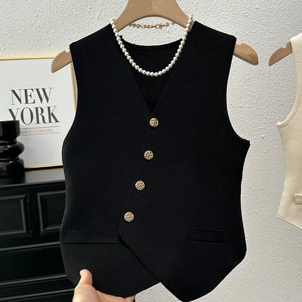 New Summer Women Knitted V-Neck Sleeveless Slim Vest 2025 Female Fashion Solid Single Breasted Tank Tops