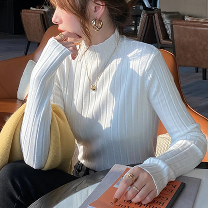 Autumn Winter Knitted Ribbed Turtleneck Sweater Women Clothes 2025 Long Sleeve Slim Basic Pullover Woman Sweaters Solid Tops