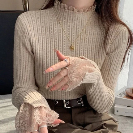 Autumn Winter Female Long Sleeve Knit Patctwork Lace Sweater Turtleneck Skinny Elastic Knitted Pullovers Women Solid Color Tops