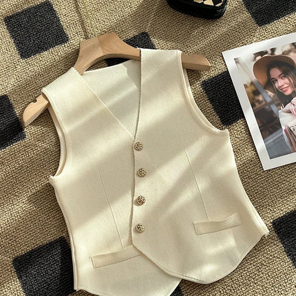 New Summer Women Knitted V-Neck Sleeveless Slim Vest 2025 Female Fashion Solid Single Breasted Tank Tops