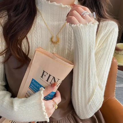 2025 Ruched Turtleneck Women Sweaters Autumn Winter Warm Pullover Slim Tops Knitted Sweater Jumper Soft Pull Female