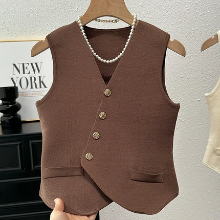 New Summer Women Knitted V-Neck Sleeveless Slim Vest 2025 Female Fashion Solid Single Breasted Tank Tops